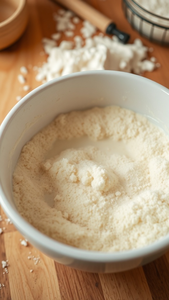 Bowl of activated yeast, frothy and bubbly, on a wooden countertop with baking ingredients.